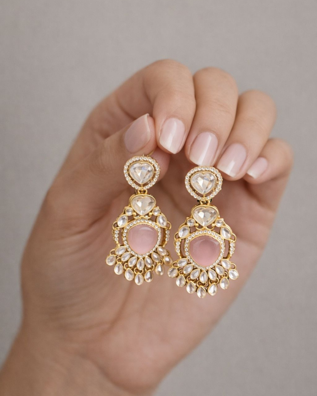 Gold Plated Kundan Necklace Set with Pink Stone Pendant & Matching Earrings