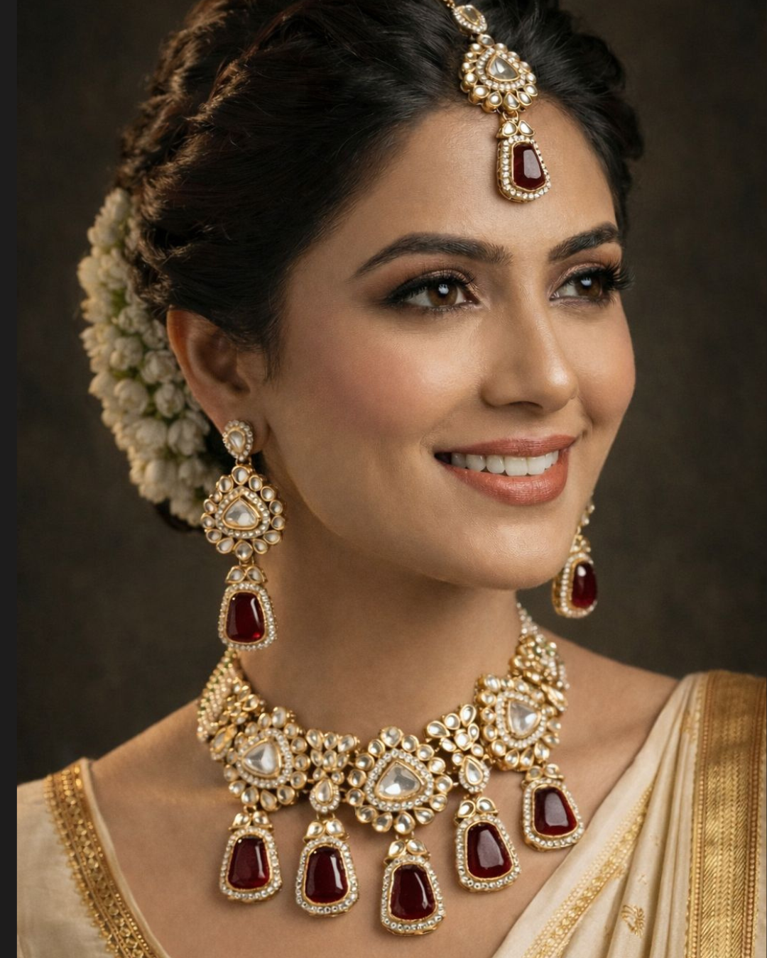 Royal Kundan Ruby Bridal Necklace Set with Maang Tikka & Earrings
