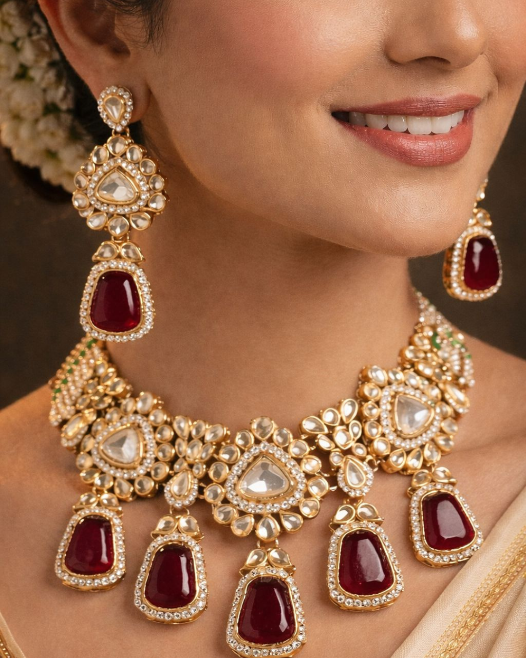 Royal Kundan Ruby Bridal Necklace Set with Maang Tikka & Earrings