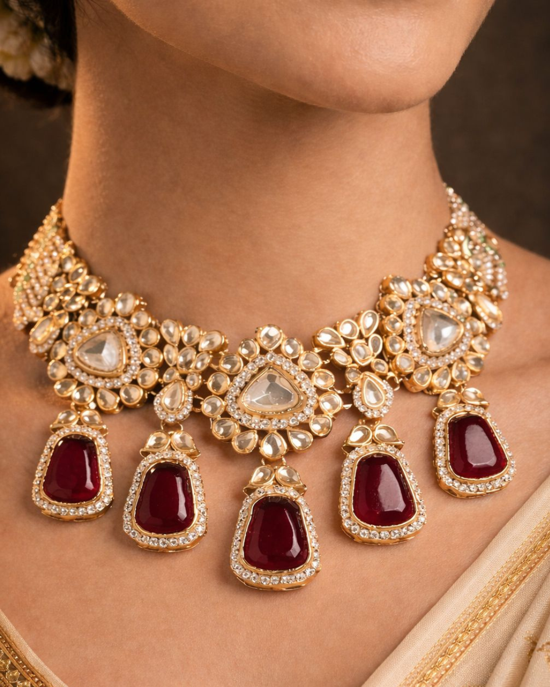 Royal Kundan Ruby Bridal Necklace Set with Maang Tikka & Earrings
