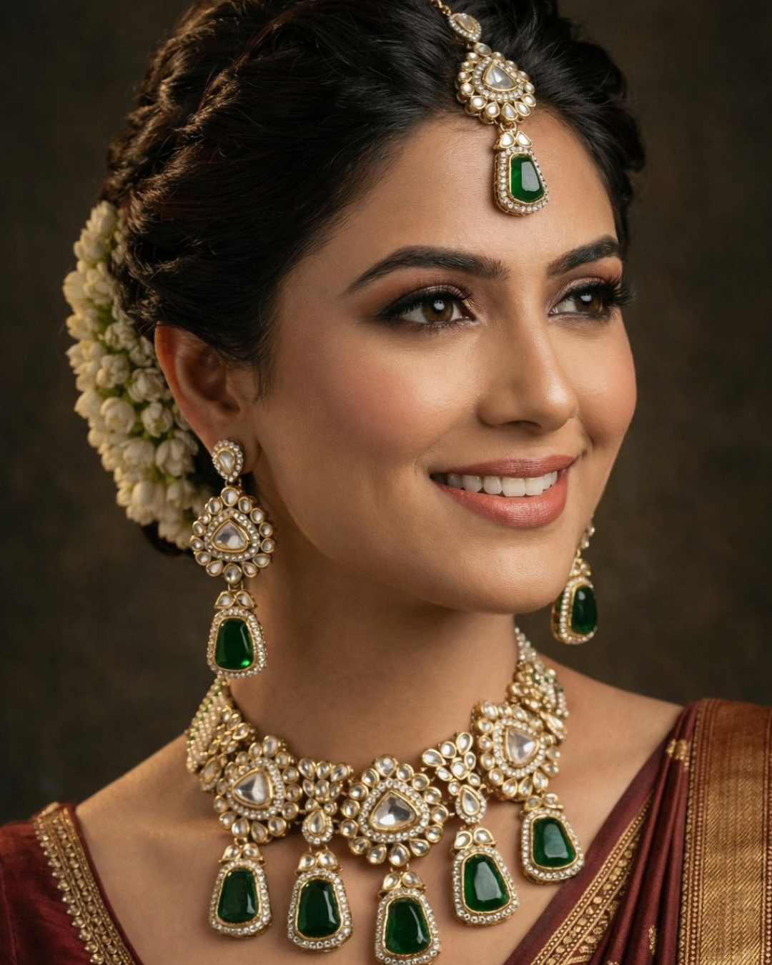 Royal Emerald Kundan Bridal Necklace Set with Maang Tikka & Earrings