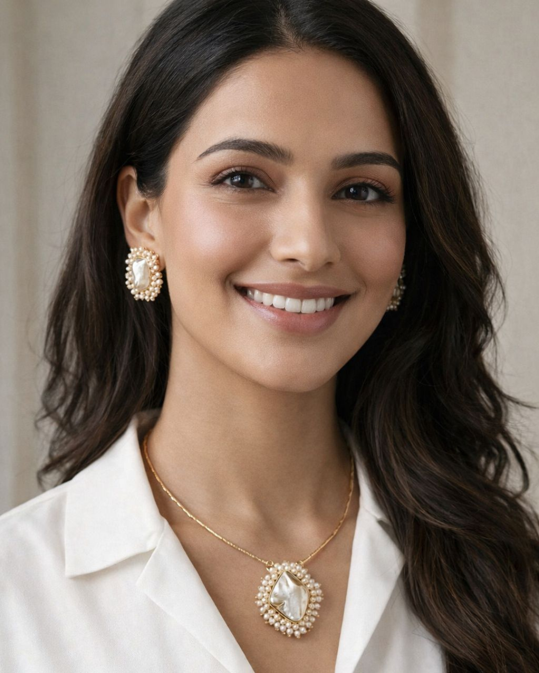 Lemorra Vintage Pearl Statement Necklace Set for Women | Elegant Gold Plated Pendant & Earrings