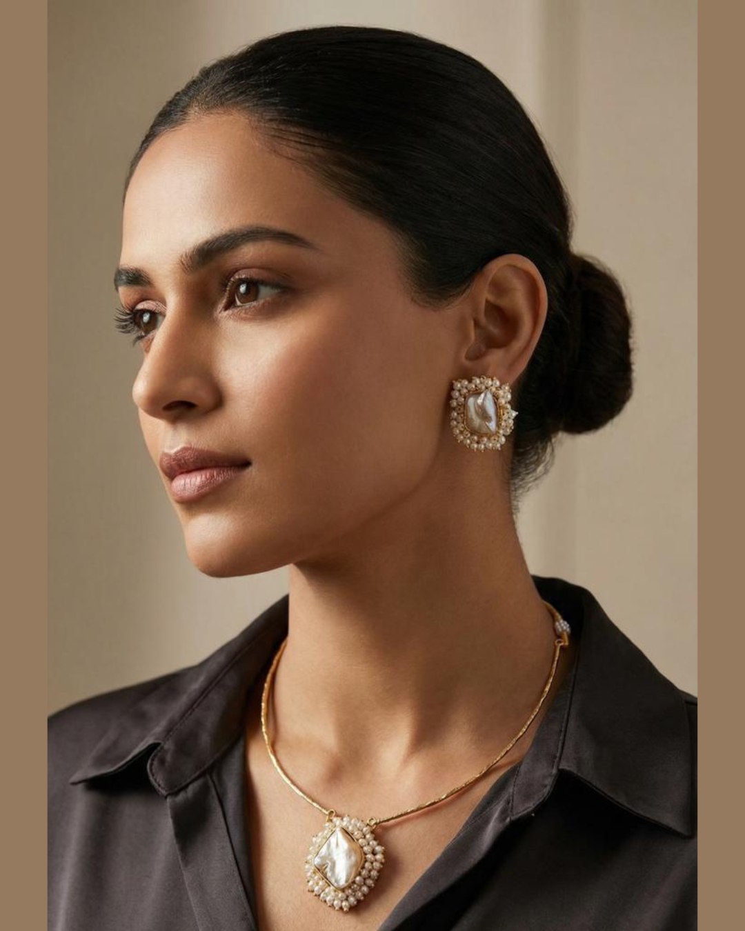 Lemorra Vintage Pearl Statement Necklace Set for Women | Elegant Gold Plated Pendant & Earrings