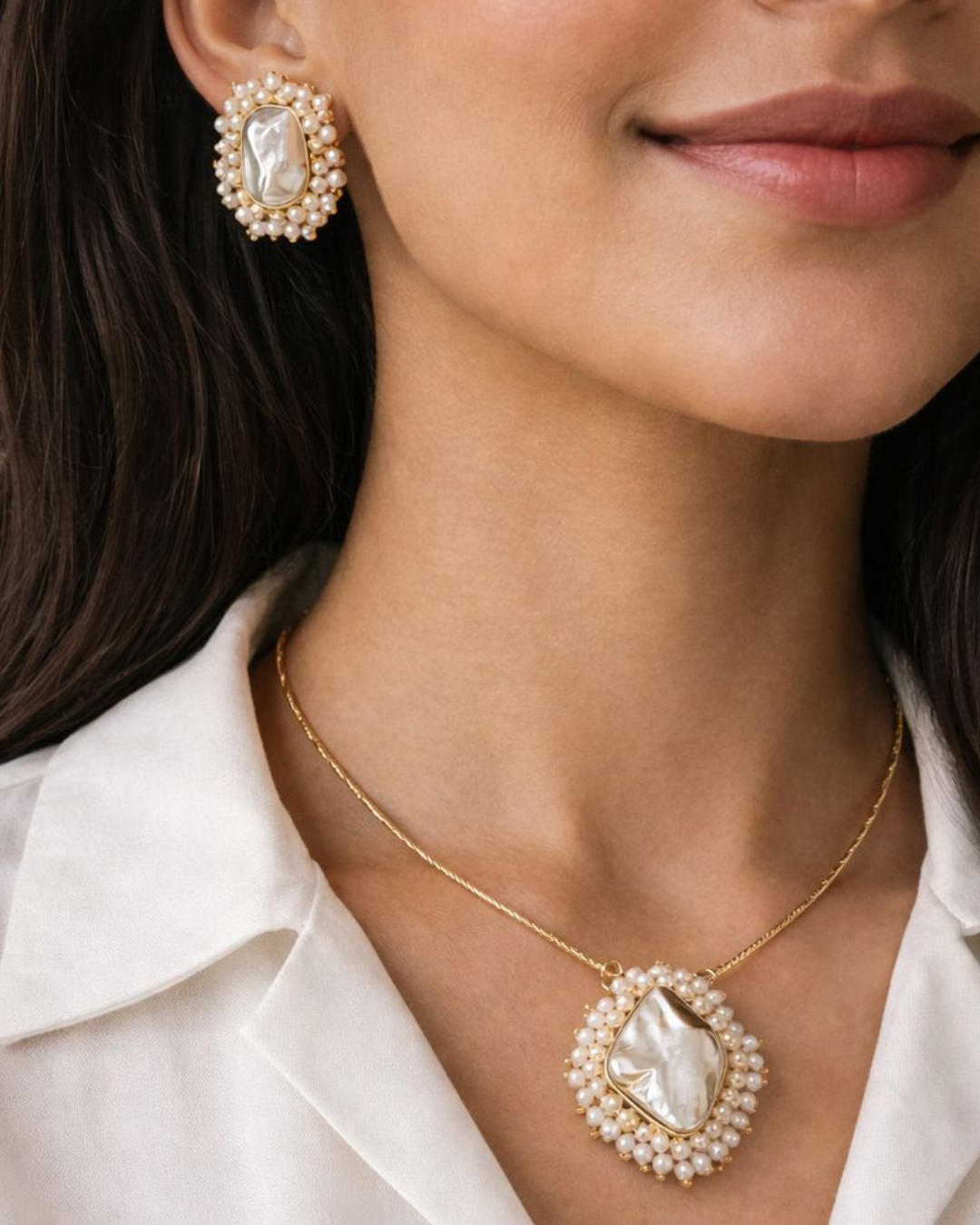 Lemorra Vintage Pearl Statement Necklace Set for Women | Elegant Gold Plated Pendant & Earrings