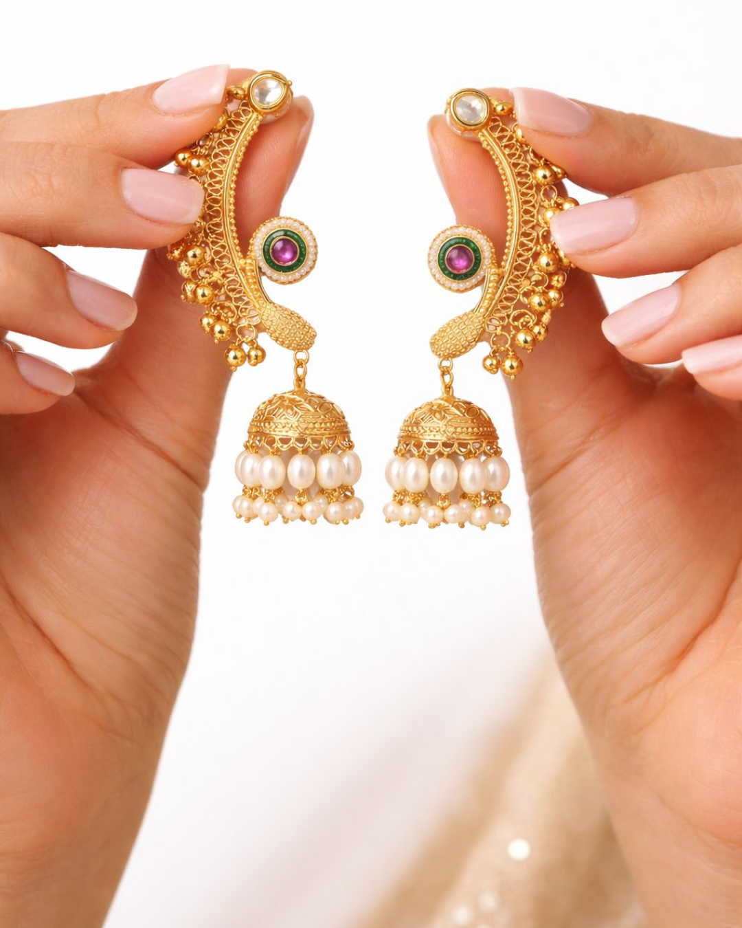 Royal Kundan Pearl Jhumka Ear Cuff Earrings for Women – Traditional Indian Wedding Jewelry