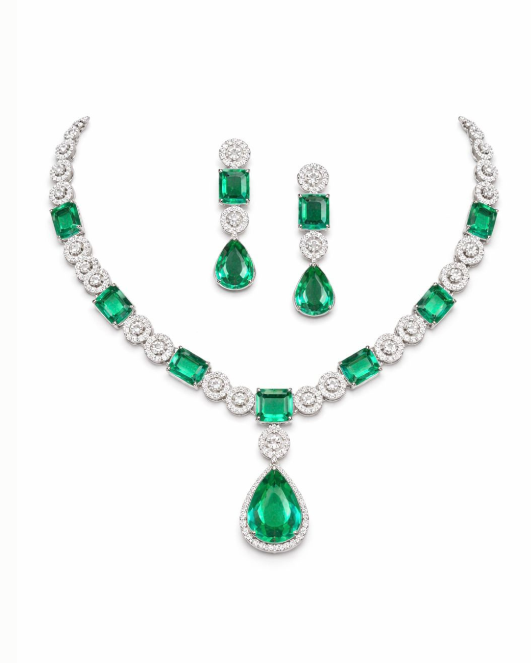 Emerald Green Crystal Diamond Necklace Set with Matching Earrings