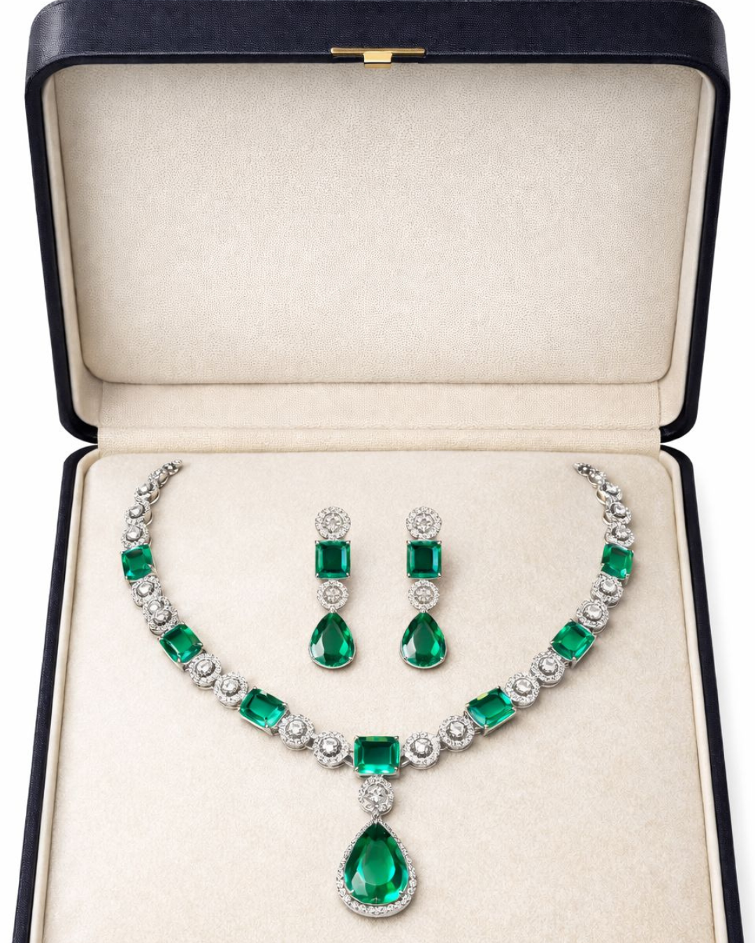 Emerald Green Crystal Diamond Necklace Set with Matching Earrings