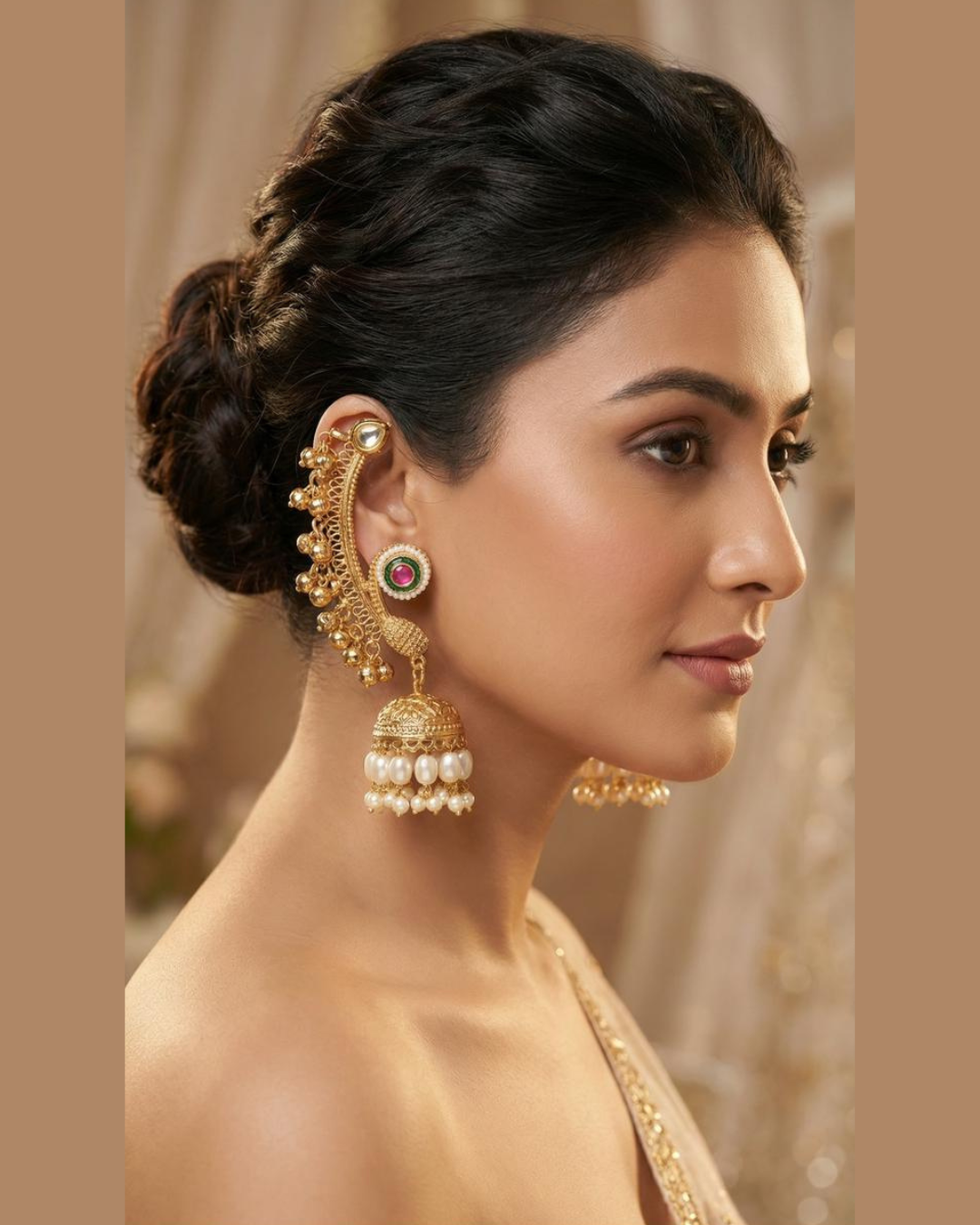 Royal Kundan Pearl Jhumka Ear Cuff Earrings for Women – Traditional Indian Wedding Jewelry