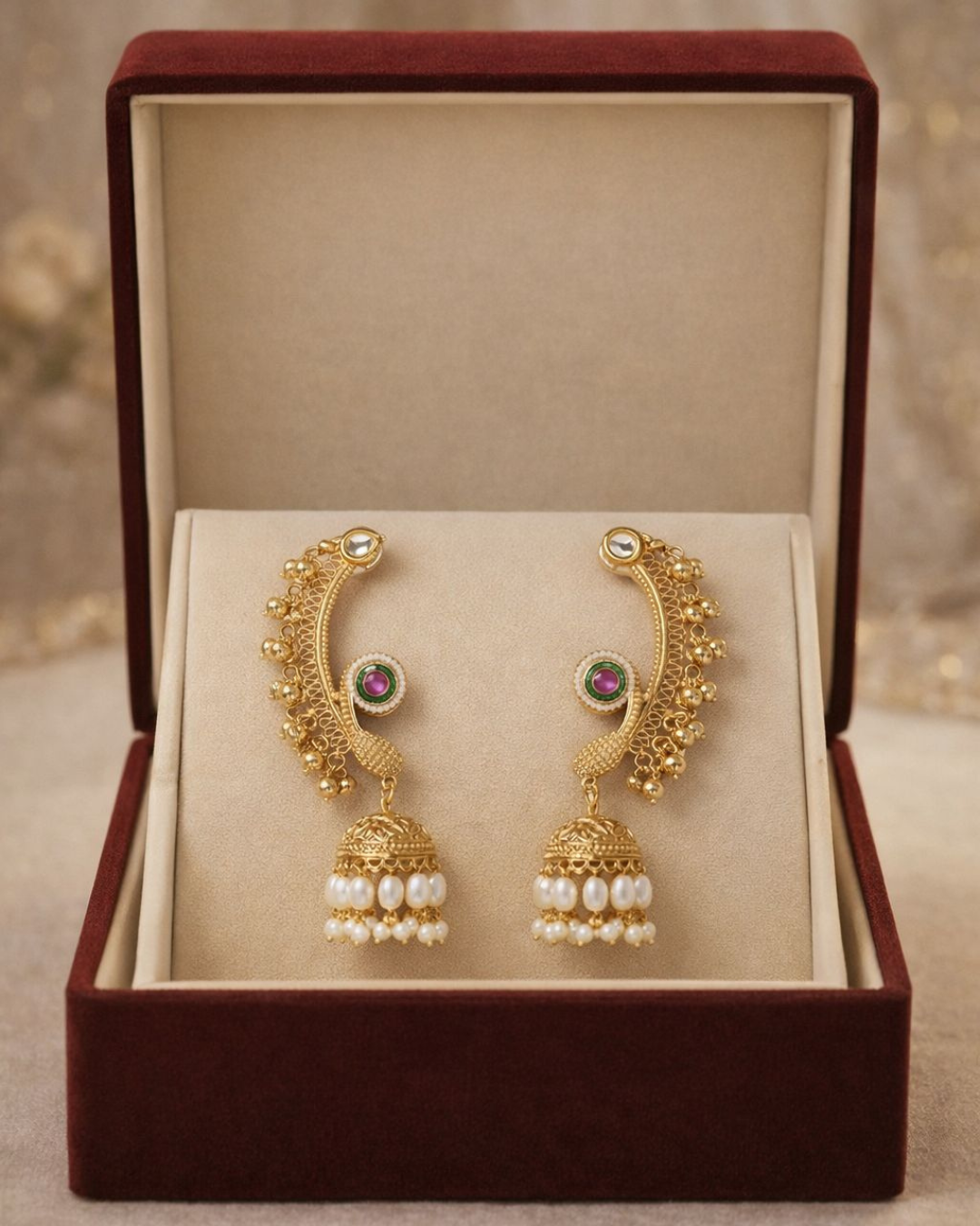 Royal Kundan Pearl Jhumka Ear Cuff Earrings for Women – Traditional Indian Wedding Jewelry