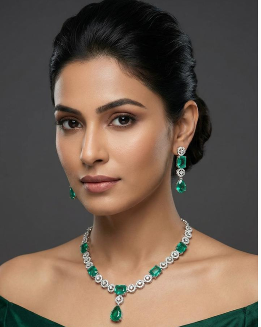 Emerald Green Crystal Diamond Necklace Set with Matching Earrings
