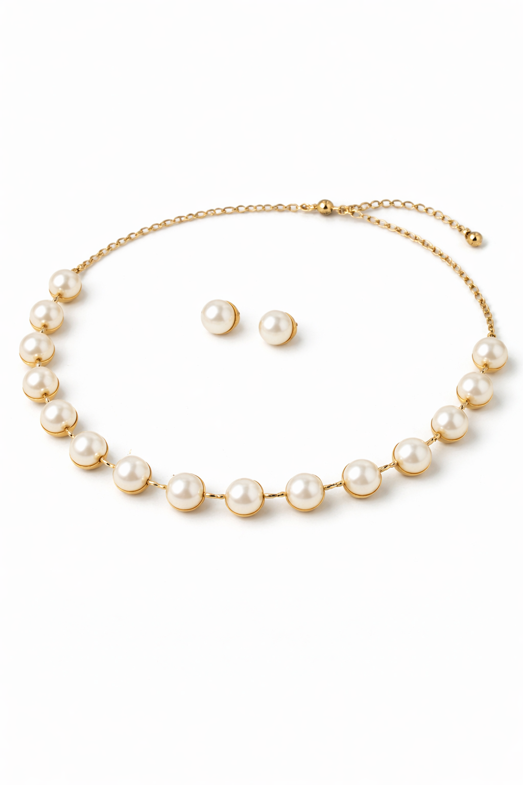 Classic Gold Plated Pearl Choker Necklace Set with Matching Stud Earrings